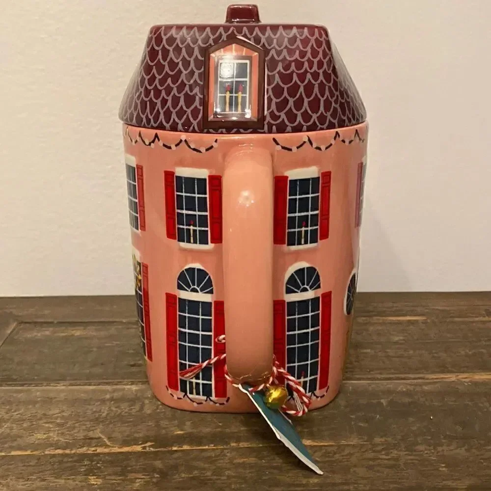 NWT ANTHROPOLOGIE Christmas Chalet Teapot Holiday House Pink Red